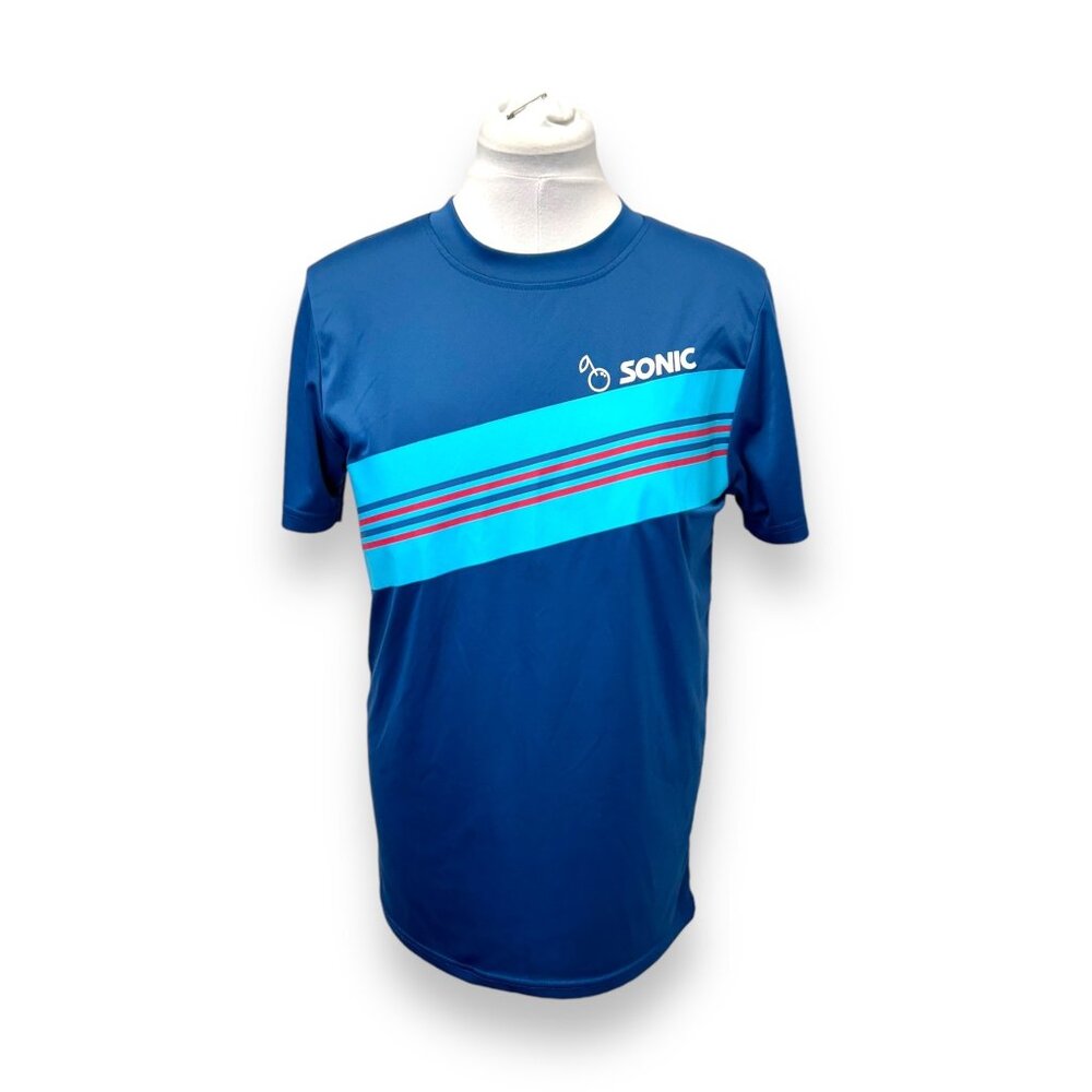 Sonic Mens Blue Graphic T-Shirt With Red Stripes 100% Polyester Size S